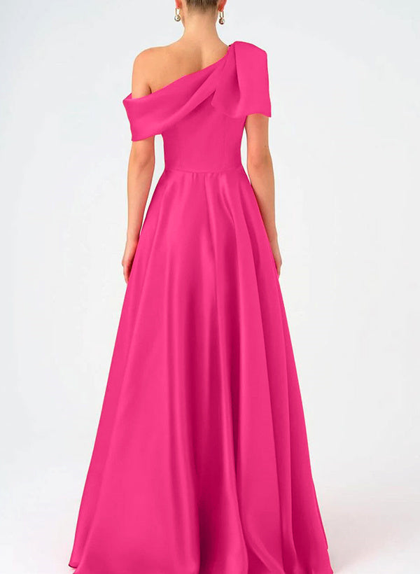 Asymmetrical A-Line One-Shoulder Floor Length Sleeveless Bride Dresses Prom Dress Satin With Bow BabaMila