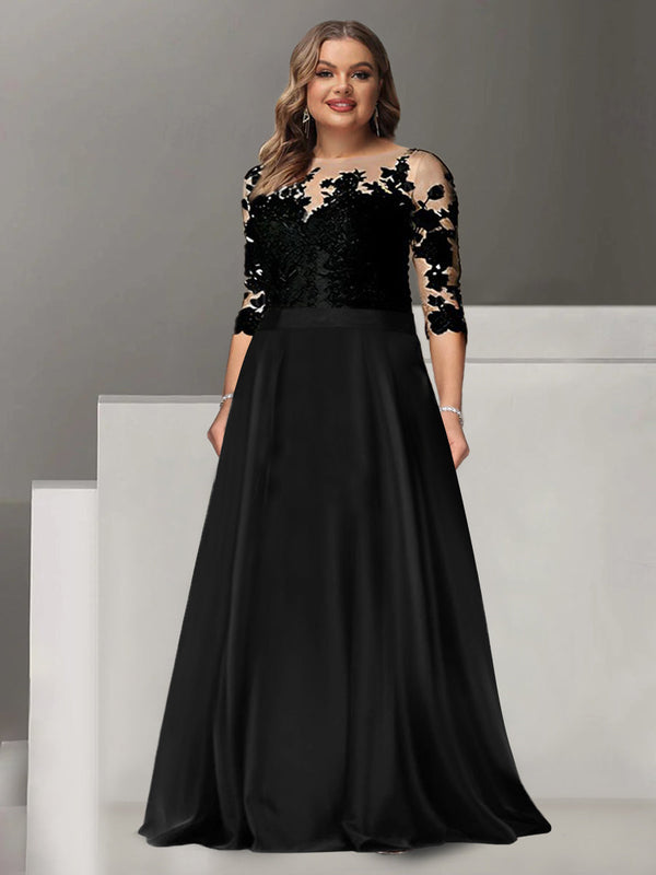 A-Line/Princess Jewel Neck 3/4 Length Sleeves Floor-Length Plus Size Mother Of The Bride & Groom Dresses BabaMila