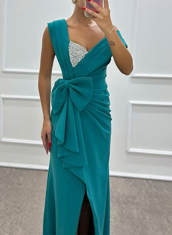 Sheath/Column Sweep/Brush Train Sleeveless Bride Dresses Elastic Satin With Bow/Beads BabaMila