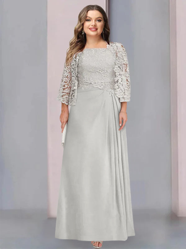 A-Line/Princess Scoop Floor-Length Plus Size Mother Of The Bride Dresses With Pleated & Lace Appliques BabaMila
