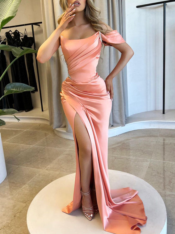 Sheath/Column Sweep Train Sleeveless Satin Mother Of The Bride Dresses Prom Dress With Split Side/Pleated/Beads BabaMila