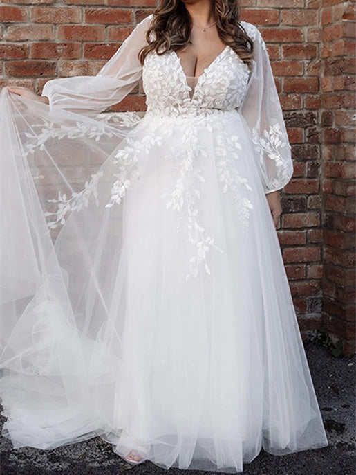 A-Line/Princess Applique Tulle V-Neck Floor-length Wedding Dress BabaMila