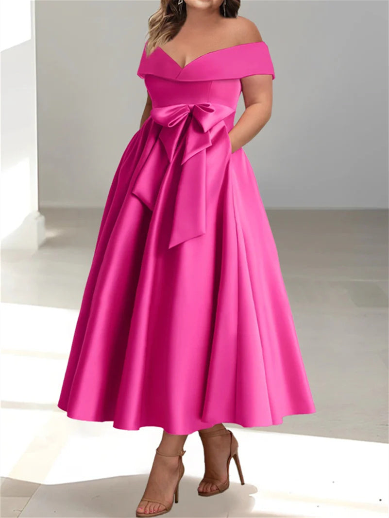 A-Line/Princess Off-The-Shoulder Sleeveless Ankle-Length Plus Size Mother Of The Bride Dresses With Pockets BabaMila