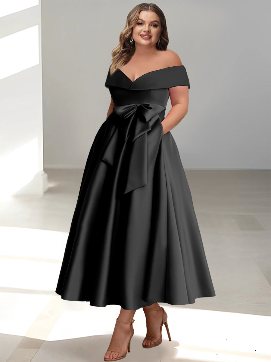 A-Line/Princess Off-The-Shoulder Sleeveless Ankle-Length Plus Size Mother Of The Bride Dresses With Pockets BabaMila
