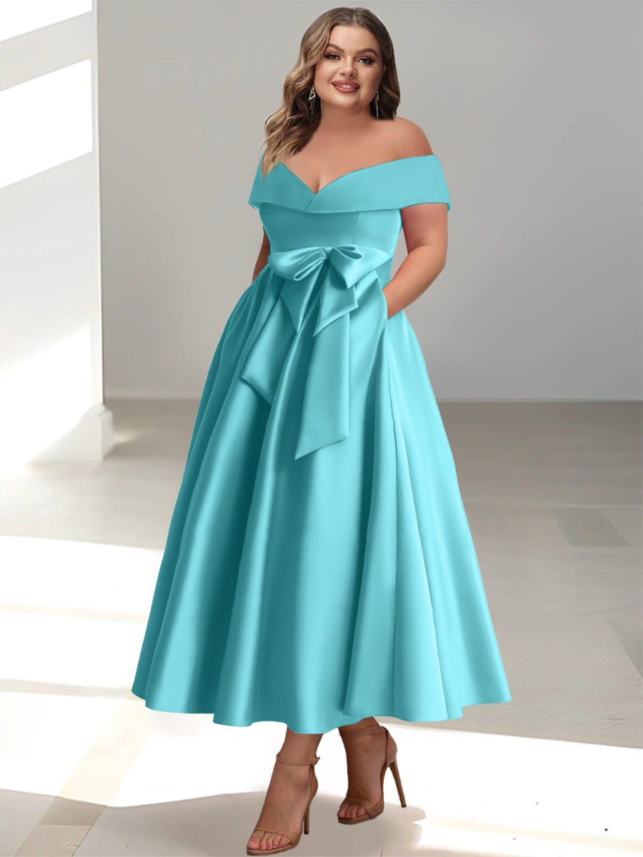 A-Line/Princess Off-The-Shoulder Sleeveless Ankle-Length Plus Size Mother Of The Bride Dresses With Pockets BabaMila