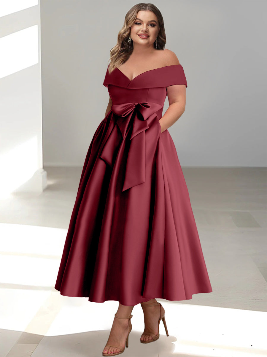A-Line/Princess Off-The-Shoulder Sleeveless Ankle-Length Plus Size Mother Of The Bride Dresses With Pockets BabaMila