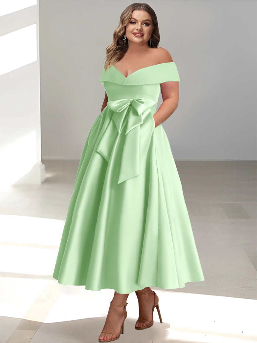 A-Line/Princess Off-The-Shoulder Sleeveless Ankle-Length Plus Size Mother Of The Bride Dresses With Pockets BabaMila