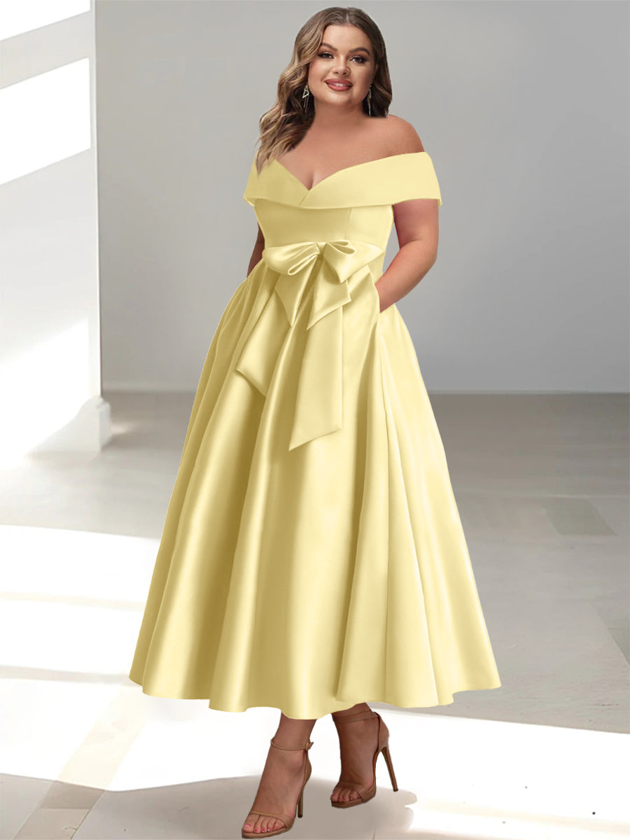 A-Line/Princess Off-The-Shoulder Sleeveless Ankle-Length Plus Size Mother Of The Bride Dresses With Pockets BabaMila