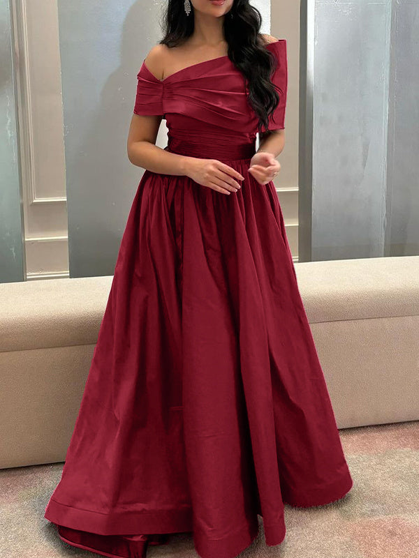 A-Line/Princess Off-the-shoulder Sleeveless Burgundy Floor Length Satin Formal Dresses With Pleated BabaMila