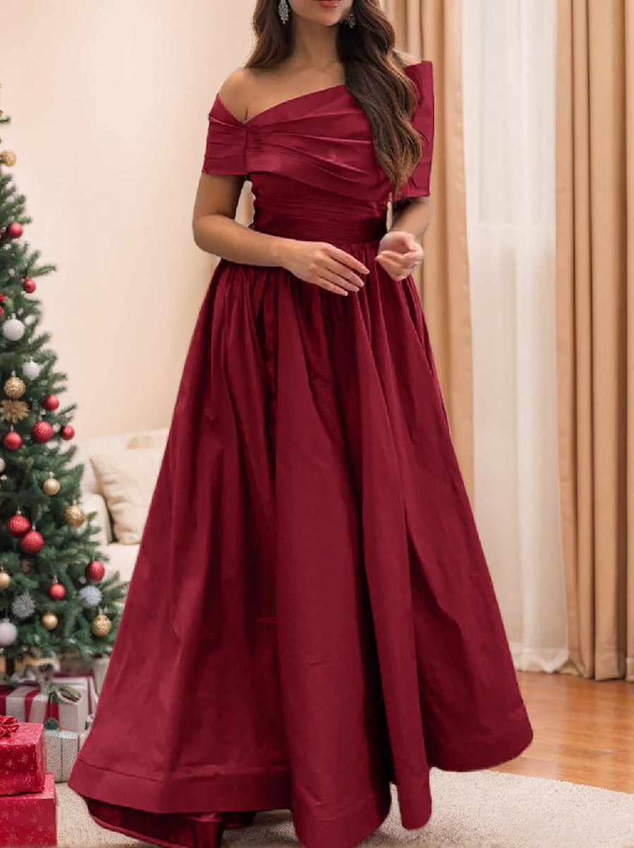 A-Line/Princess Off-the-shoulder Sleeveless Burgundy Floor Length Satin Formal Dresses With Pleated BabaMila