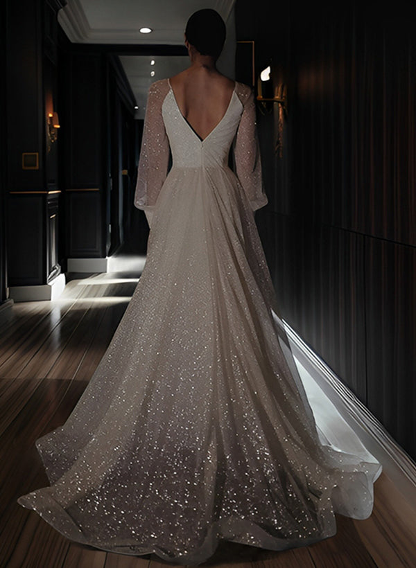 A-Line/Princess V-Neck Sequined Lace Floor-length Split Side Wedding Dress BabaMila