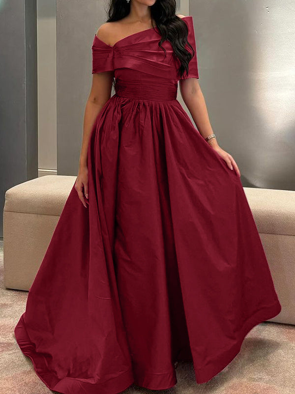 A-Line/Princess Off-the-shoulder Sleeveless Burgundy Floor Length Satin Formal Dresses With Pleated BabaMila