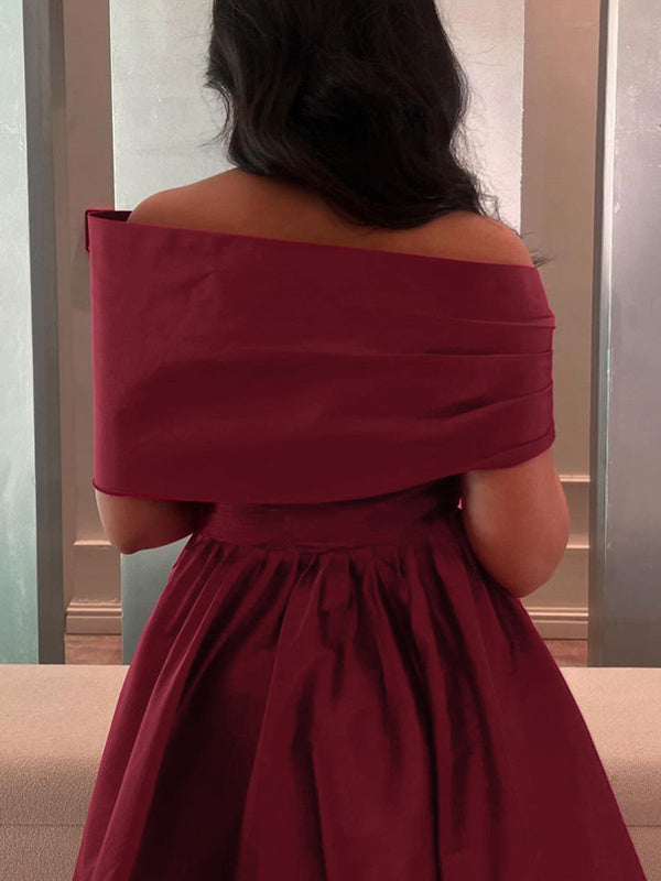 A-Line/Princess Off-the-shoulder Sleeveless Burgundy Floor Length Satin Formal Dresses With Pleated BabaMila