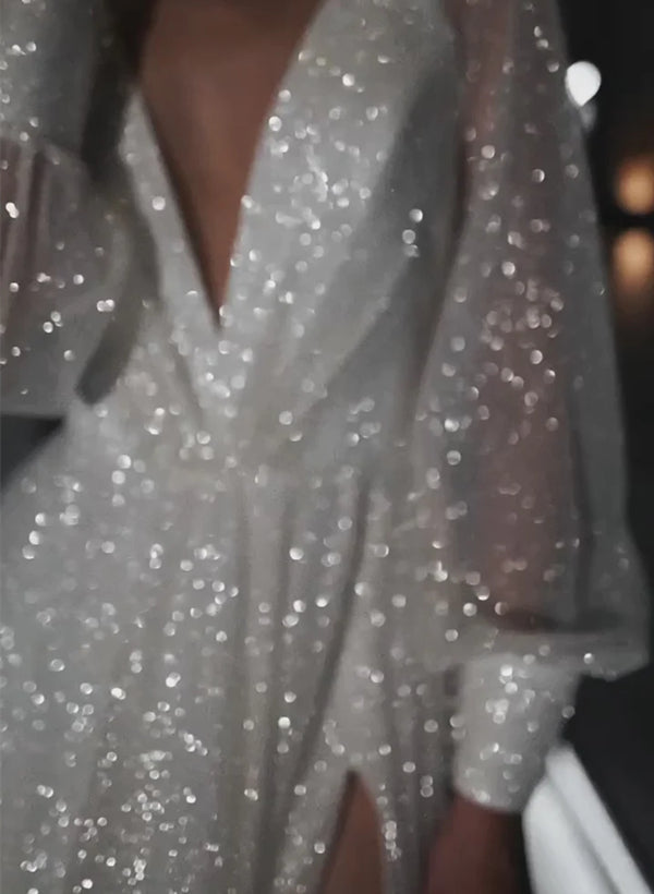A-Line/Princess V-Neck Sequined Lace Floor-length Split Side Wedding Dress BabaMila