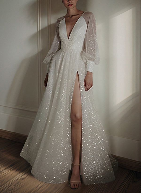 A-Line/Princess V-Neck Sequined Lace Floor-length Split Side Wedding Dress BabaMila