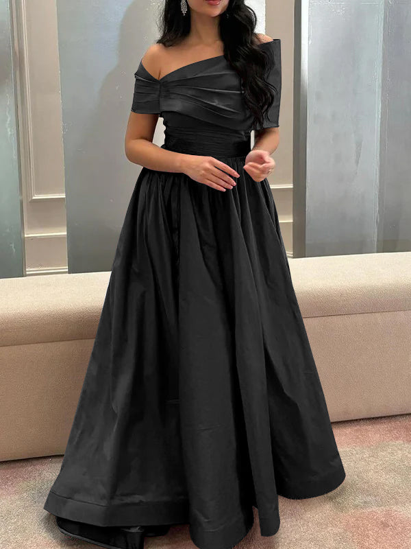 A-Line/Princess Off-the-shoulder Sleeveless Burgundy Floor Length Satin Formal Dresses With Pleated BabaMila