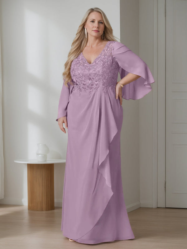 A-Line/Princess V-Neck Long Sleeves Floor-Length Plus Size Mother Of The Bride Dresses With Ruffles BabaMila