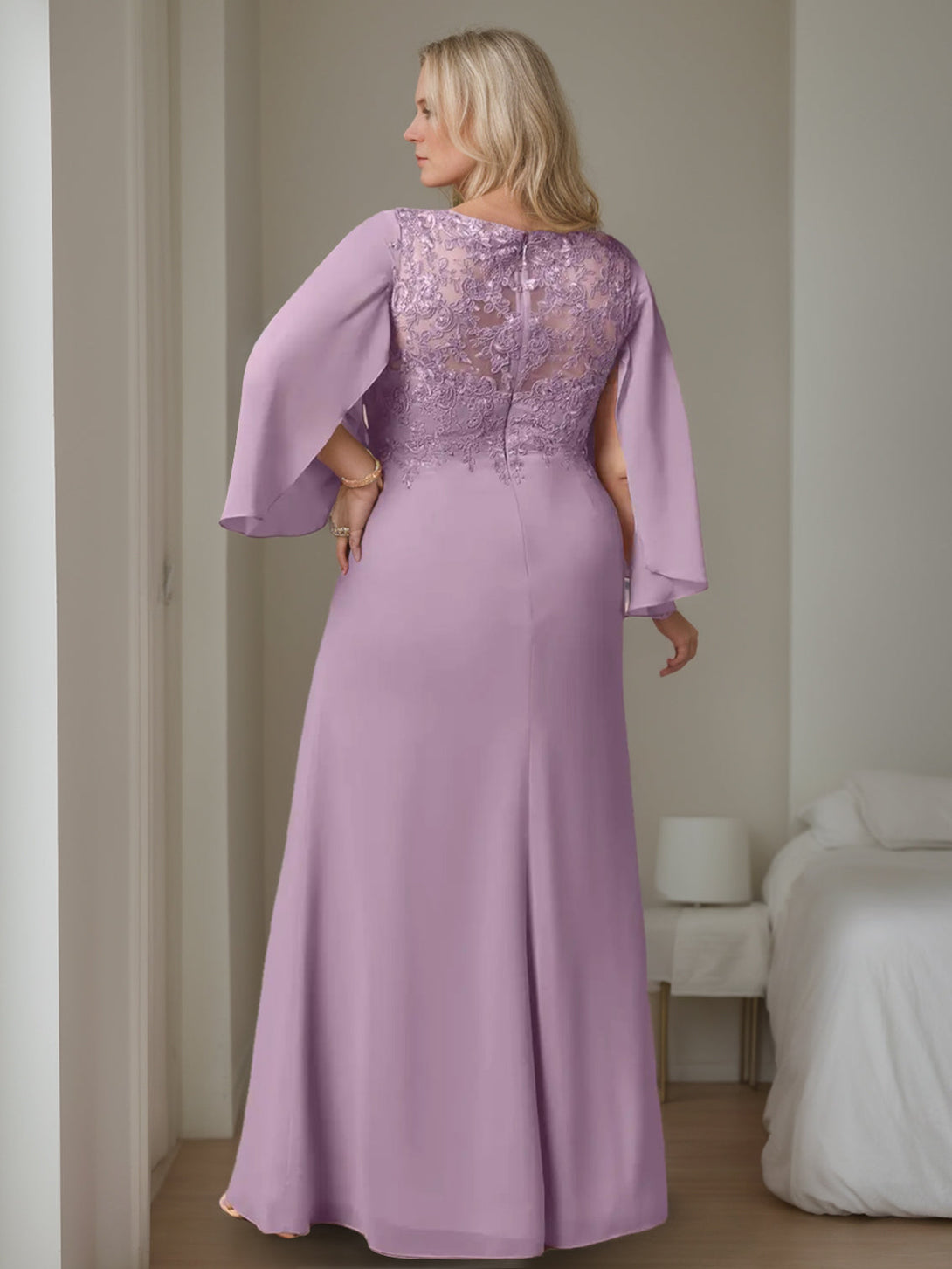 A-Line/Princess V-Neck Long Sleeves Floor-Length Plus Size Mother Of The Bride Dresses With Ruffles BabaMila