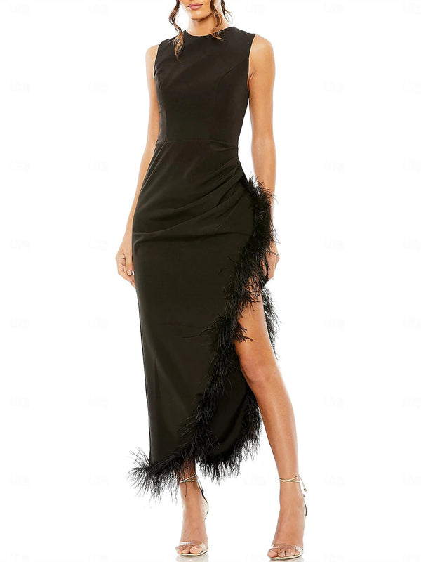 Sheath/Column Tea Length sleeveless Jewel Neck Wedding Guest Dresses Formal Cocktail Party Stretch Chiffon with Feather BabaMila