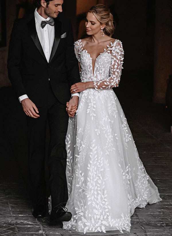 A-Line/Princess V-Neck Floor-length Wedding Dress With Applique BabaMila