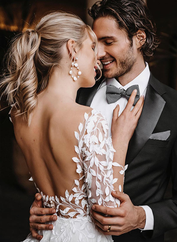 A-Line/Princess V-Neck Floor-length Wedding Dress With Applique BabaMila