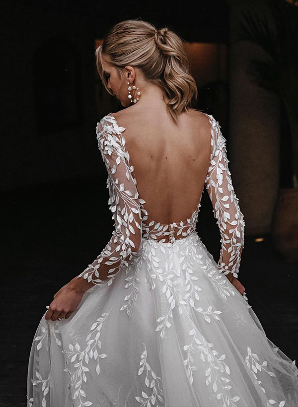 A-Line/Princess V-Neck Floor-length Wedding Dress With Applique BabaMila