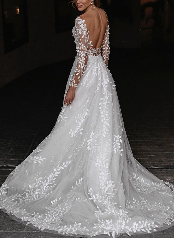 A-Line/Princess V-Neck Floor-length Wedding Dress With Applique BabaMila