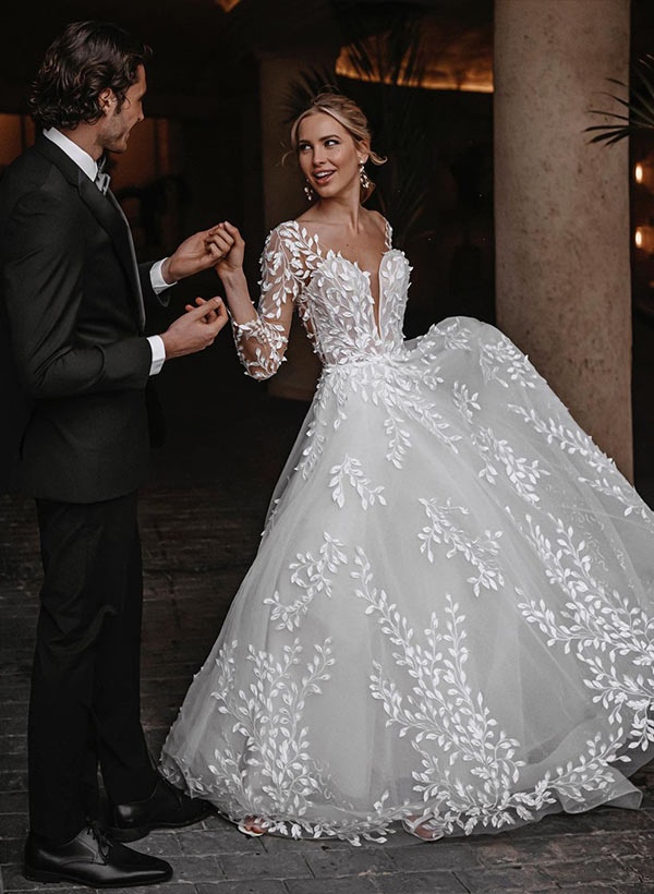 A-Line/Princess V-Neck Floor-length Wedding Dress With Applique BabaMila
