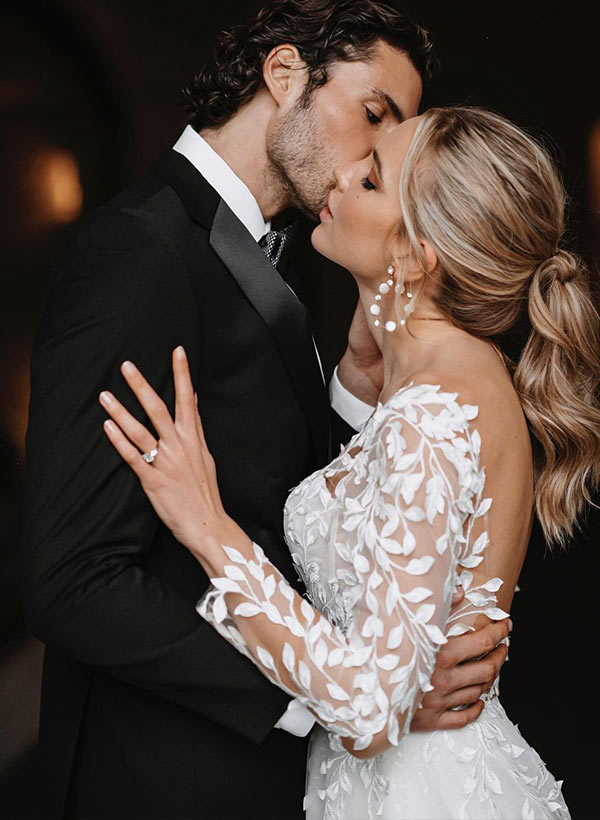 A-Line/Princess V-Neck Floor-length Wedding Dress With Applique BabaMila