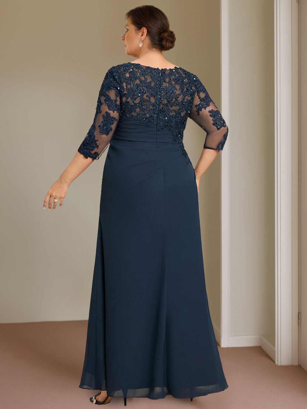 Sheath/Column Scoop Neck Half Sleeves Floor-Length Plus Size Mother Of The Bride Dresses With Ruffles BabaMila
