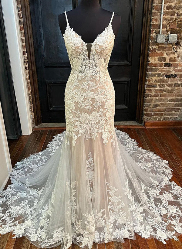 Trumpet/Mermaid Ivory V-Neck Court Train Lace Applique Wedding Dress BabaMila