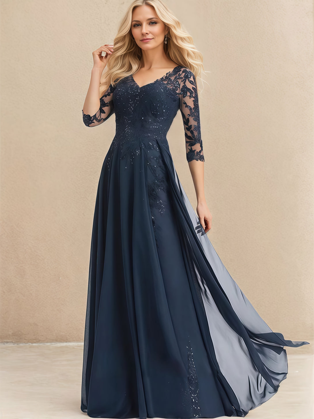 A-Line V-Neck 3/4 Sleeve Floor-Length Lace/Chiffon Mother of the Bride Dress With Appliques/Sequins BabaMila