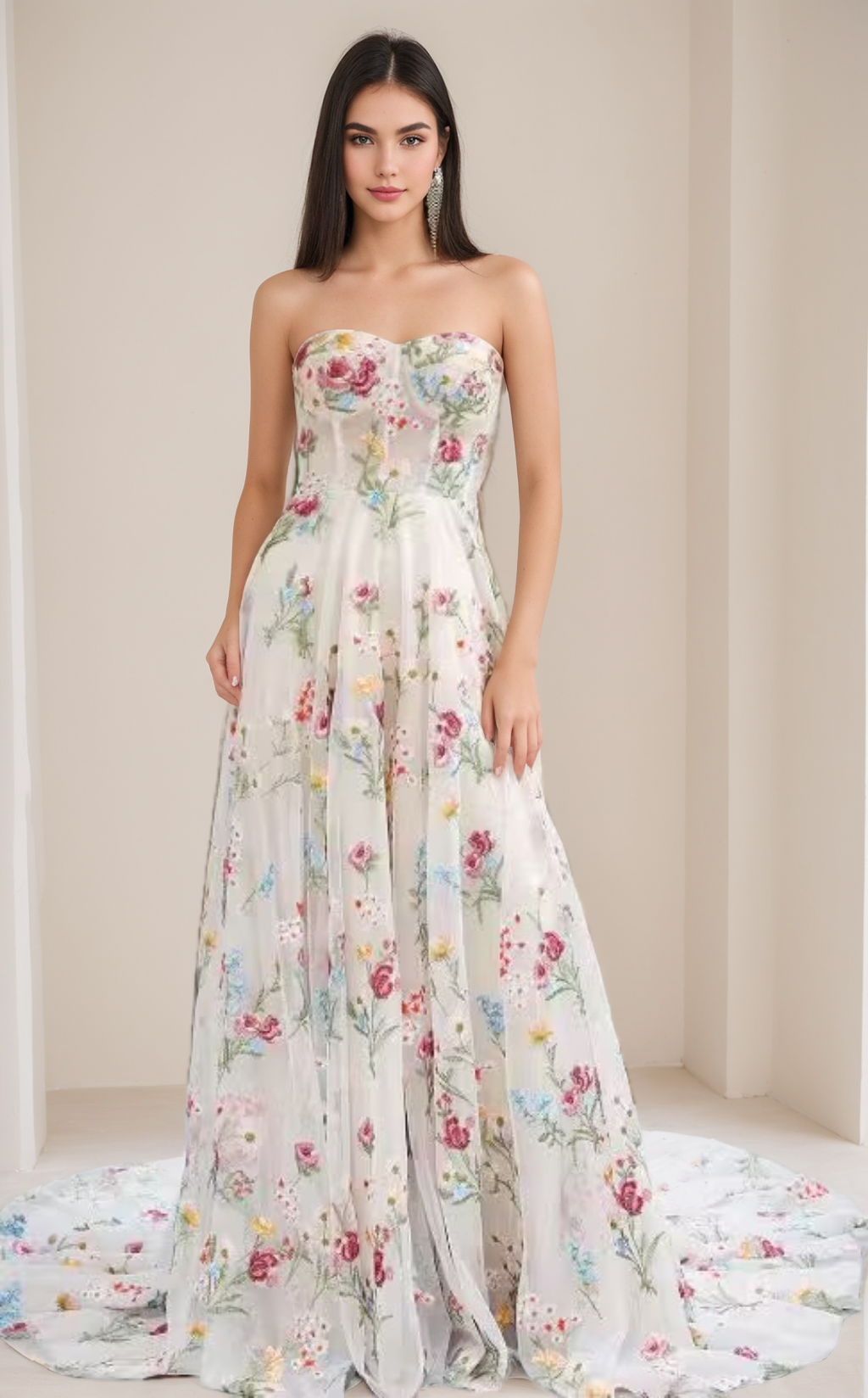 A-Line/Princess Sweetheart Strapless Court Train floral Evening Dress with Embroidery BabaMila