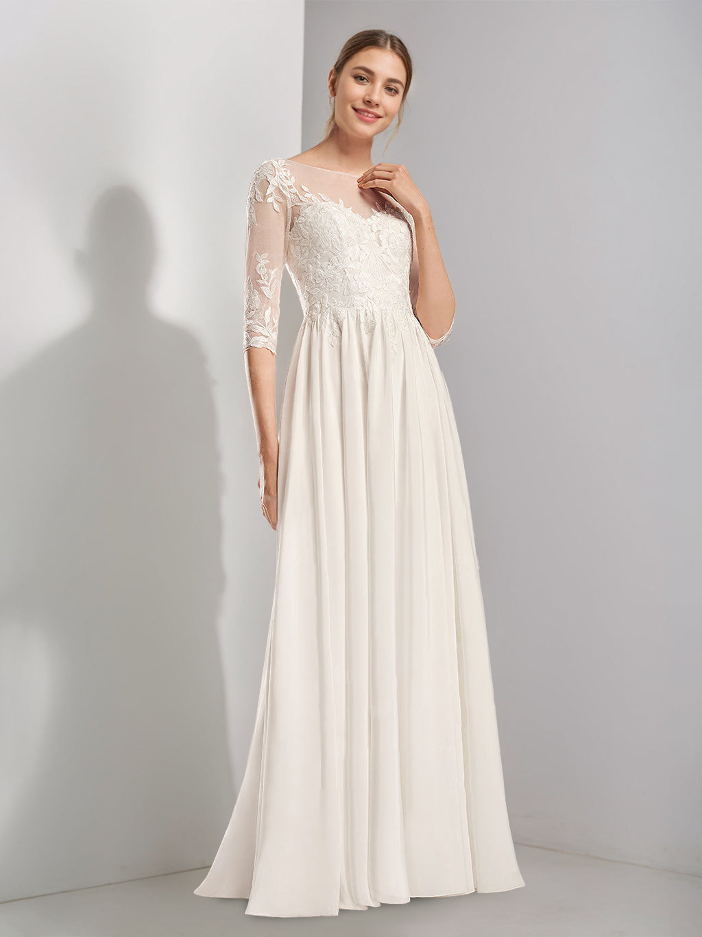 A-Line/Princess Scoop Neck Half Sleeves Floor-length Lace Wedding Dress with Appliques BabaMila