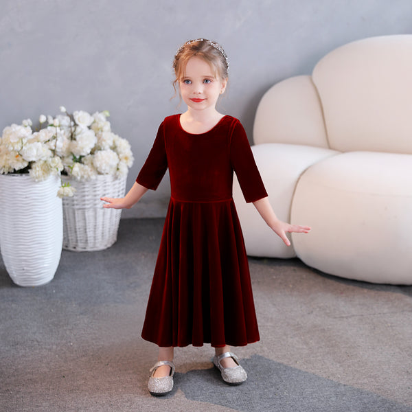 Girls Birthday Dresses Scoop Neck Half Sleeve Velvet Tea-Length Party Dresses With Pleated Girls Gidiondress as picture 12M