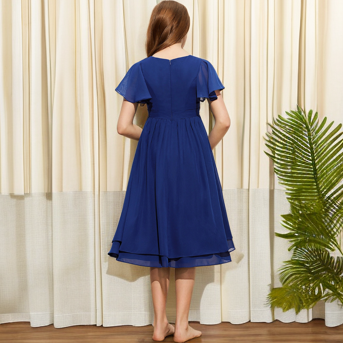 A-Line Scoop Neck Flutter Straps Tea-Length Chiffon Junior Bridesmaid Dress/Girls Birthday Dresses With Belt Girls Gidiondress