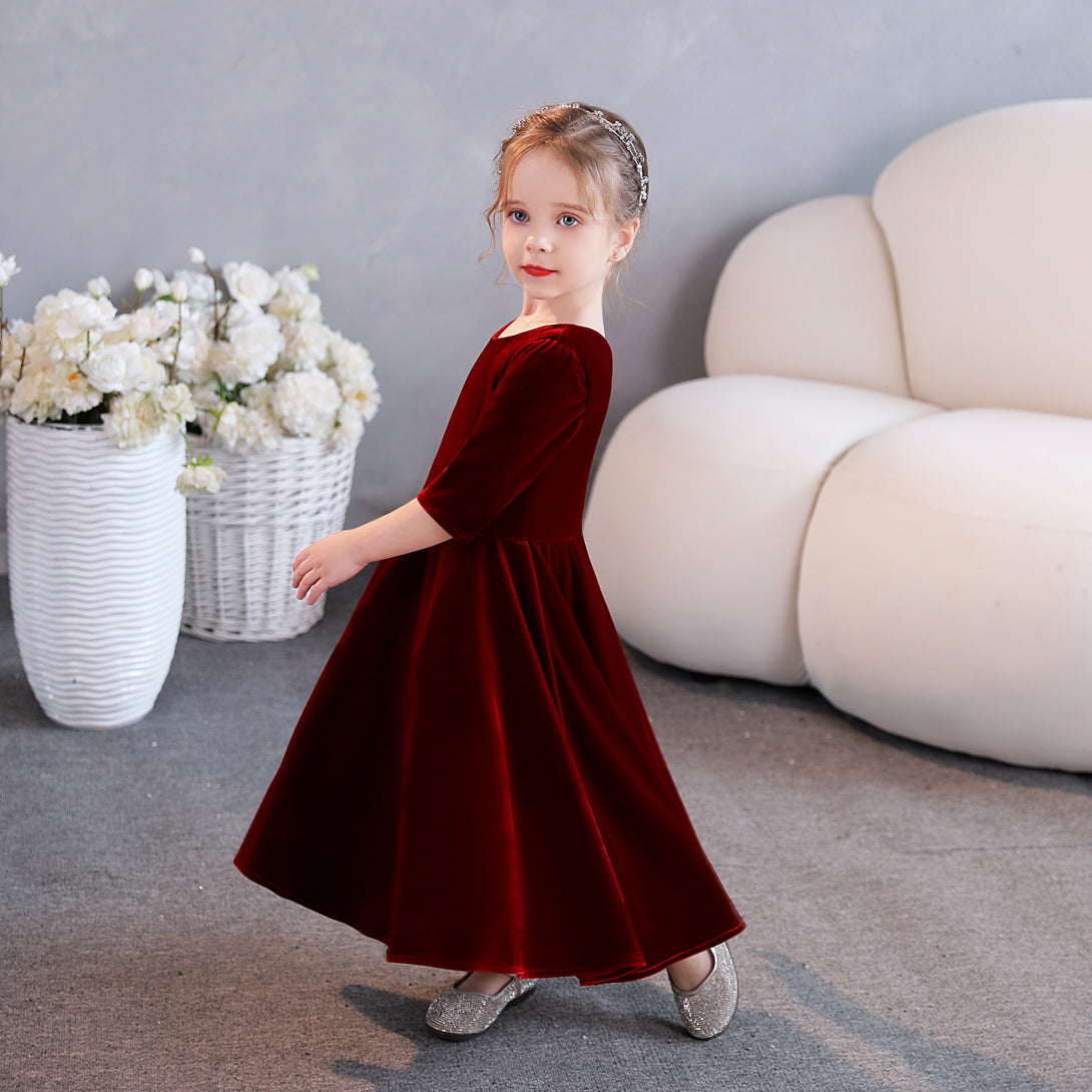 Girls Birthday Dresses Scoop Neck Half Sleeve Velvet Tea-Length Party Dresses With Pleated Girls Gidiondress