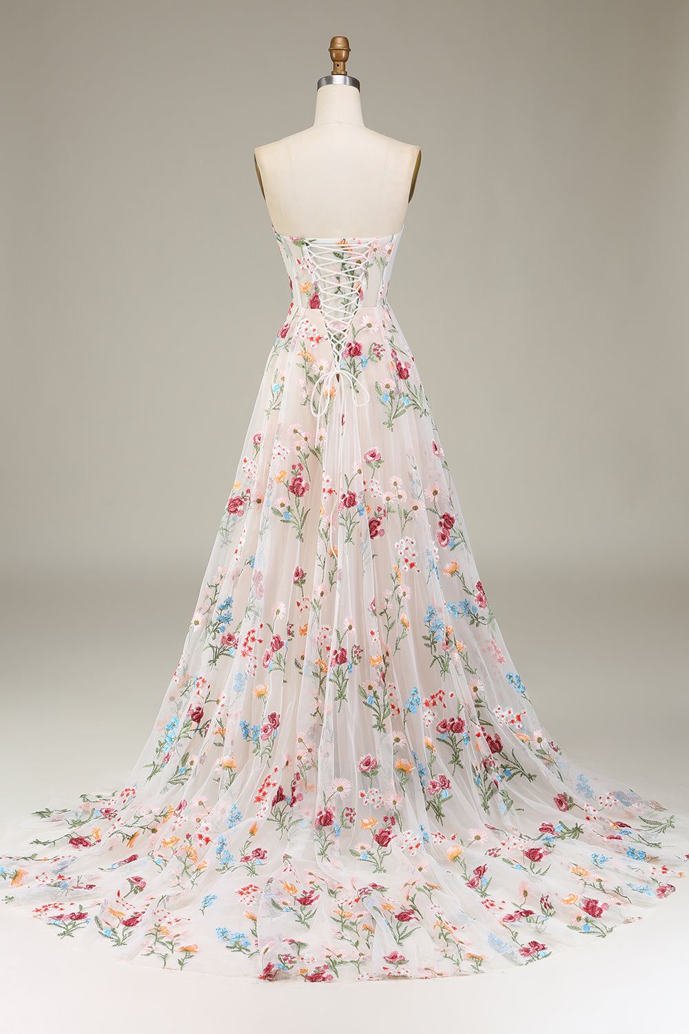 A-Line/Princess Sweetheart Strapless Court Train floral Evening Dress with Embroidery BabaMila
