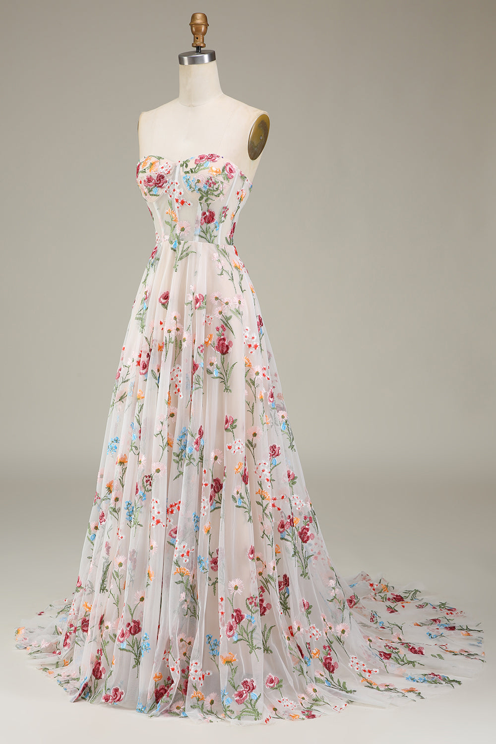 A-Line/Princess Sweetheart Strapless Court Train floral Evening Dress with Embroidery BabaMila