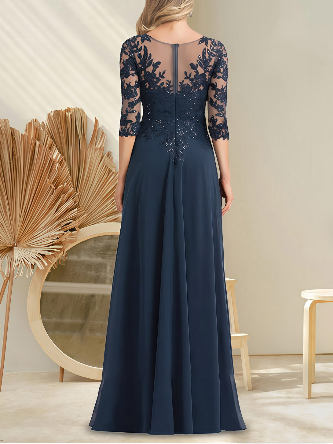 A-Line V-Neck 3/4 Sleeve Floor-Length Lace/Chiffon Mother of the Bride Dress With Appliques/Sequins BabaMila