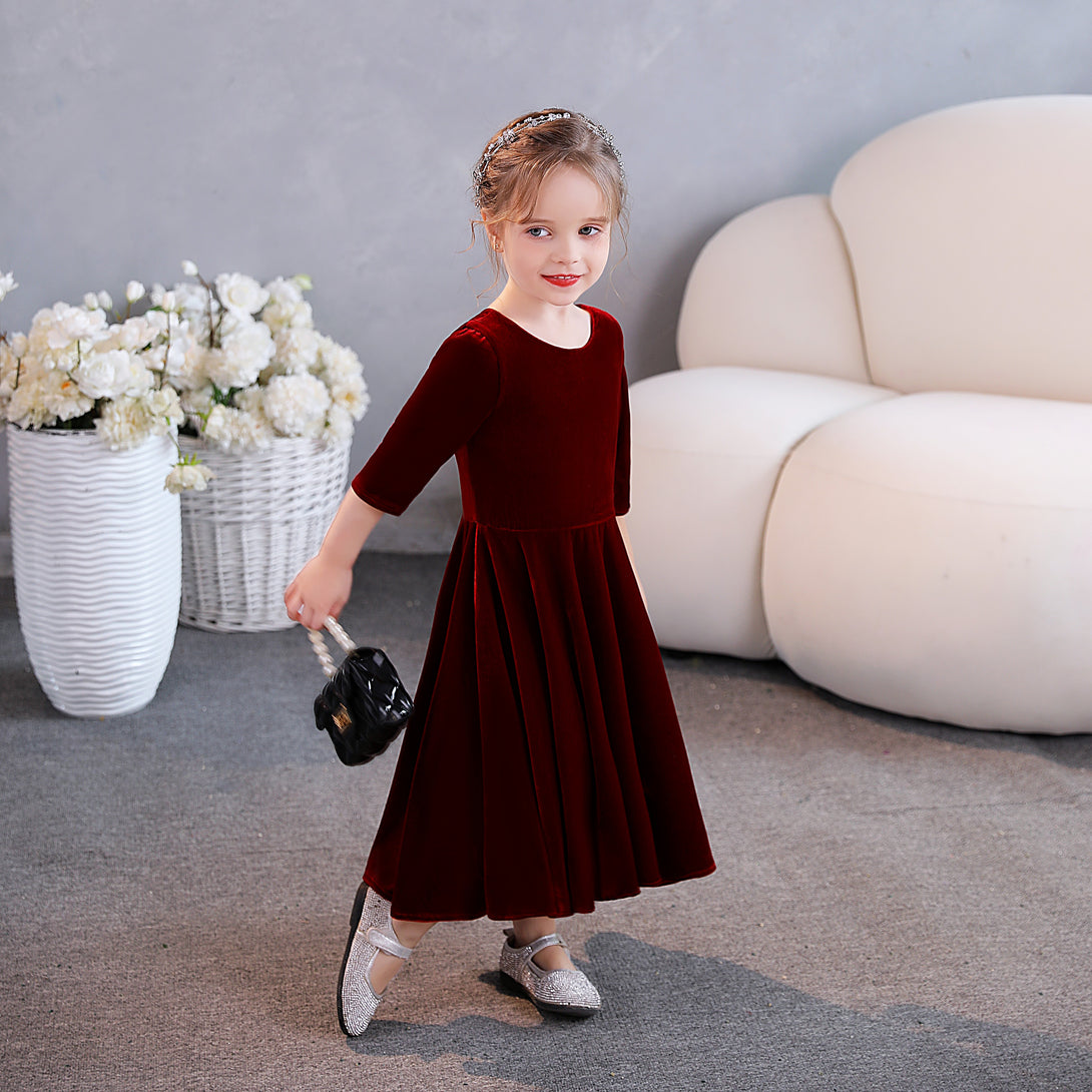 Girls Birthday Dresses Scoop Neck Half Sleeve Velvet Tea-Length Party Dresses With Pleated Girls Gidiondress