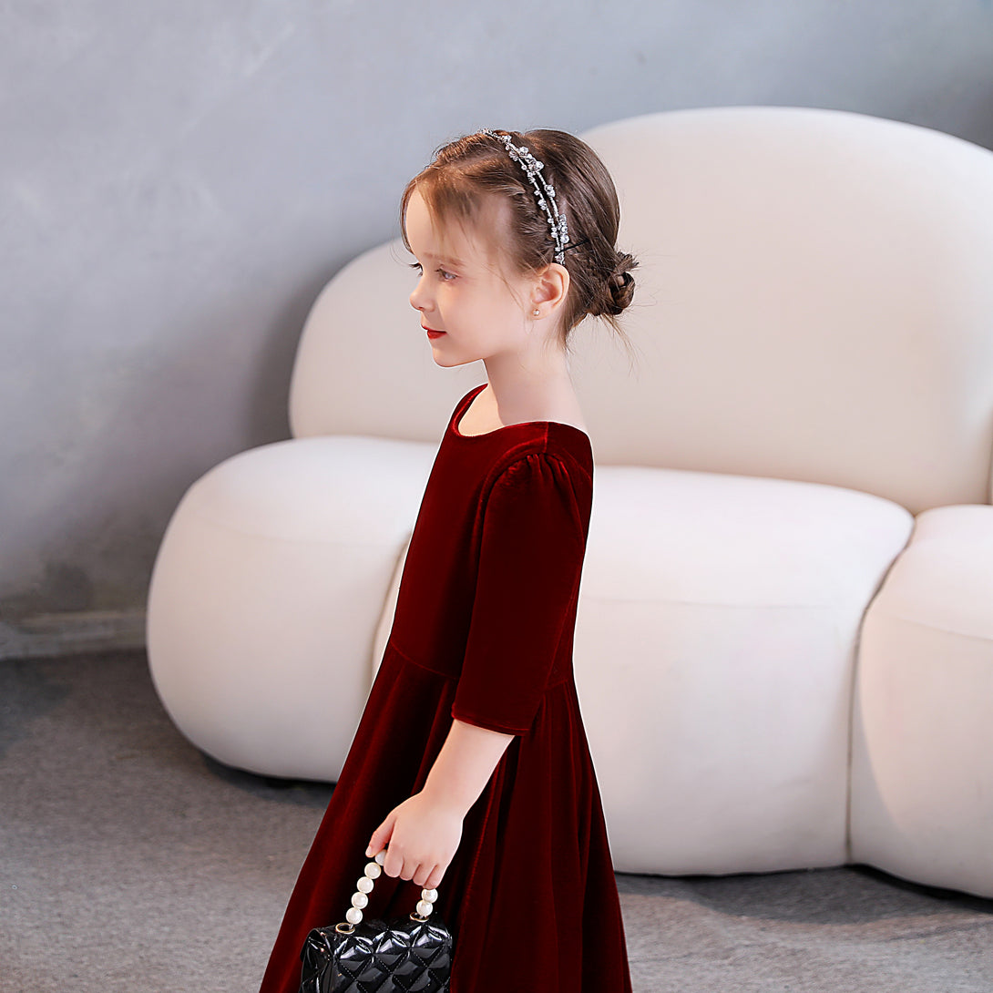 Girls Birthday Dresses Scoop Neck Half Sleeve Velvet Tea-Length Party Dresses With Pleated Girls Gidiondress