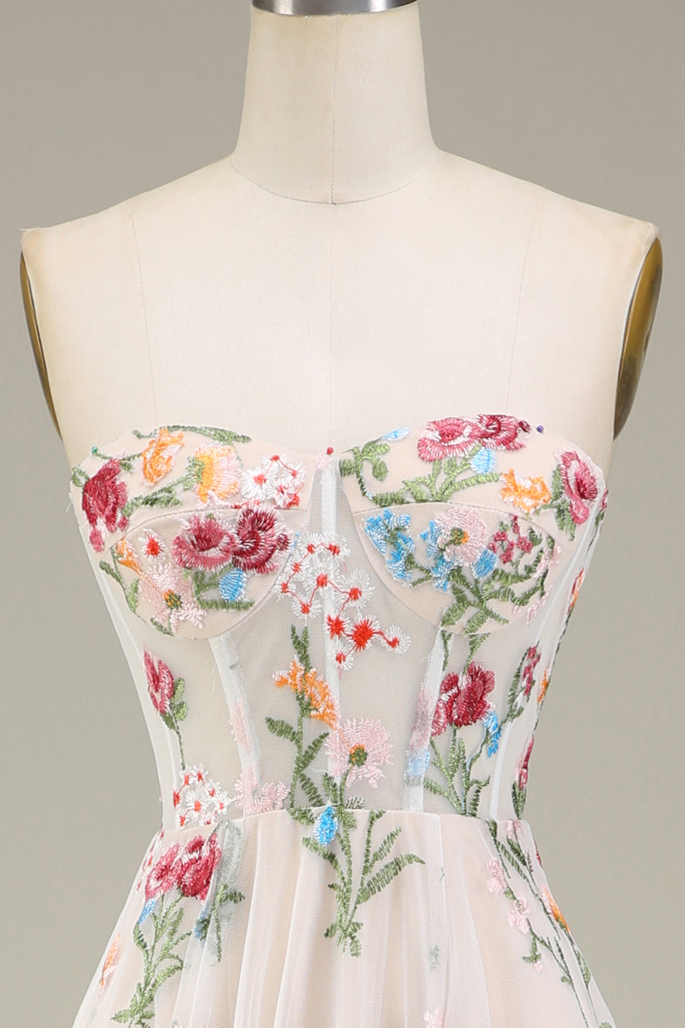 A-Line/Princess Sweetheart Strapless Court Train floral Evening Dress with Embroidery BabaMila