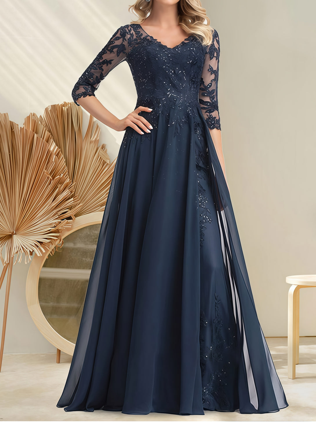 A-Line V-Neck 3/4 Sleeve Floor-Length Lace/Chiffon Mother of the Bride Dress With Appliques/Sequins BabaMila