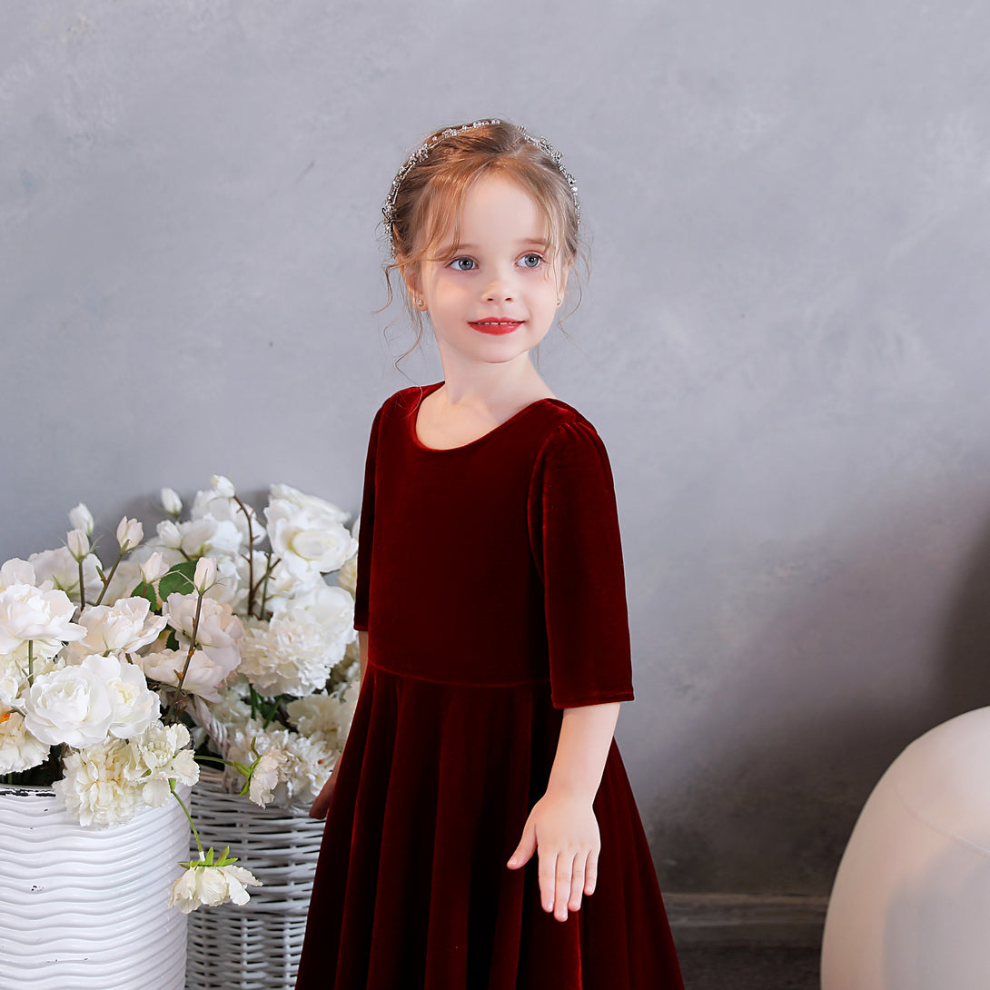 Girls Birthday Dresses Scoop Neck Half Sleeve Velvet Tea-Length Party Dresses With Pleated Girls Gidiondress