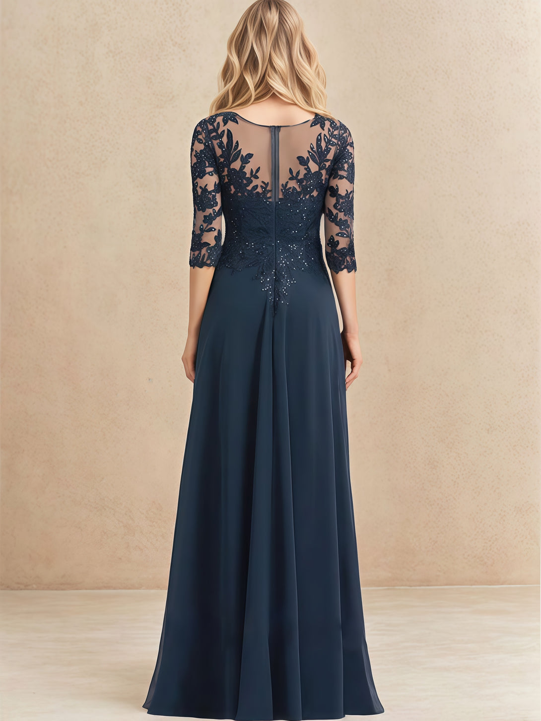 A-Line V-Neck 3/4 Sleeve Floor-Length Lace/Chiffon Mother of the Bride Dress With Appliques/Sequins BabaMila