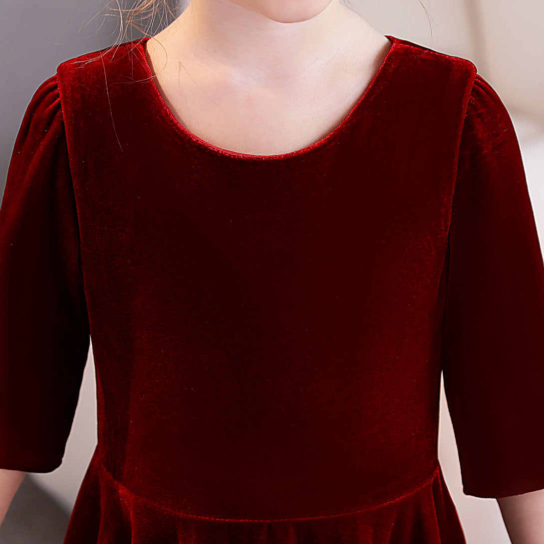 Girls Birthday Dresses Scoop Neck Half Sleeve Velvet Tea-Length Party Dresses With Pleated Girls Gidiondress