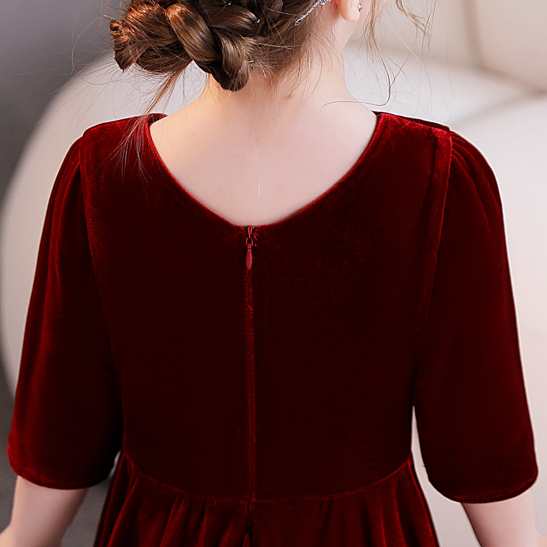 Girls Birthday Dresses Scoop Neck Half Sleeve Velvet Tea-Length Party Dresses With Pleated Girls Gidiondress