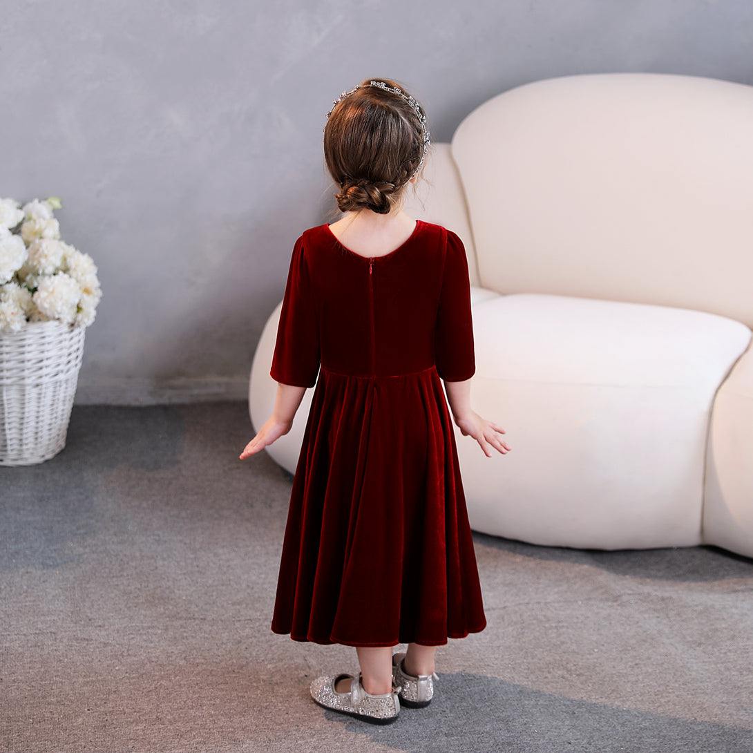 Girls Birthday Dresses Scoop Neck Half Sleeve Velvet Tea-Length Party Dresses With Pleated Girls Gidiondress