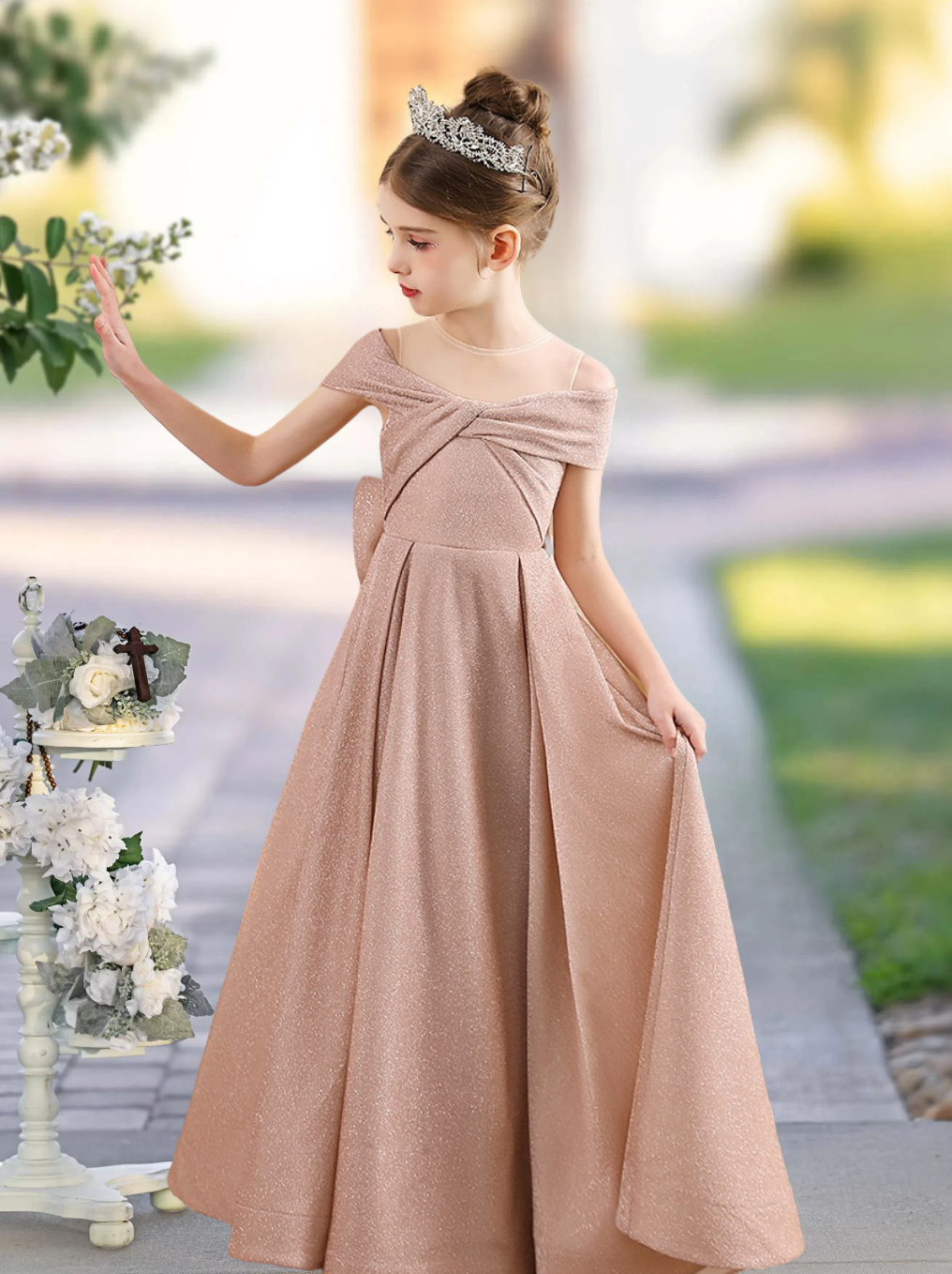 A-Line Scoop Neck Cold Shoulder Floor-Length Tulle/Satin Girls Birthday Dresses With Bow Girls Gidiondress